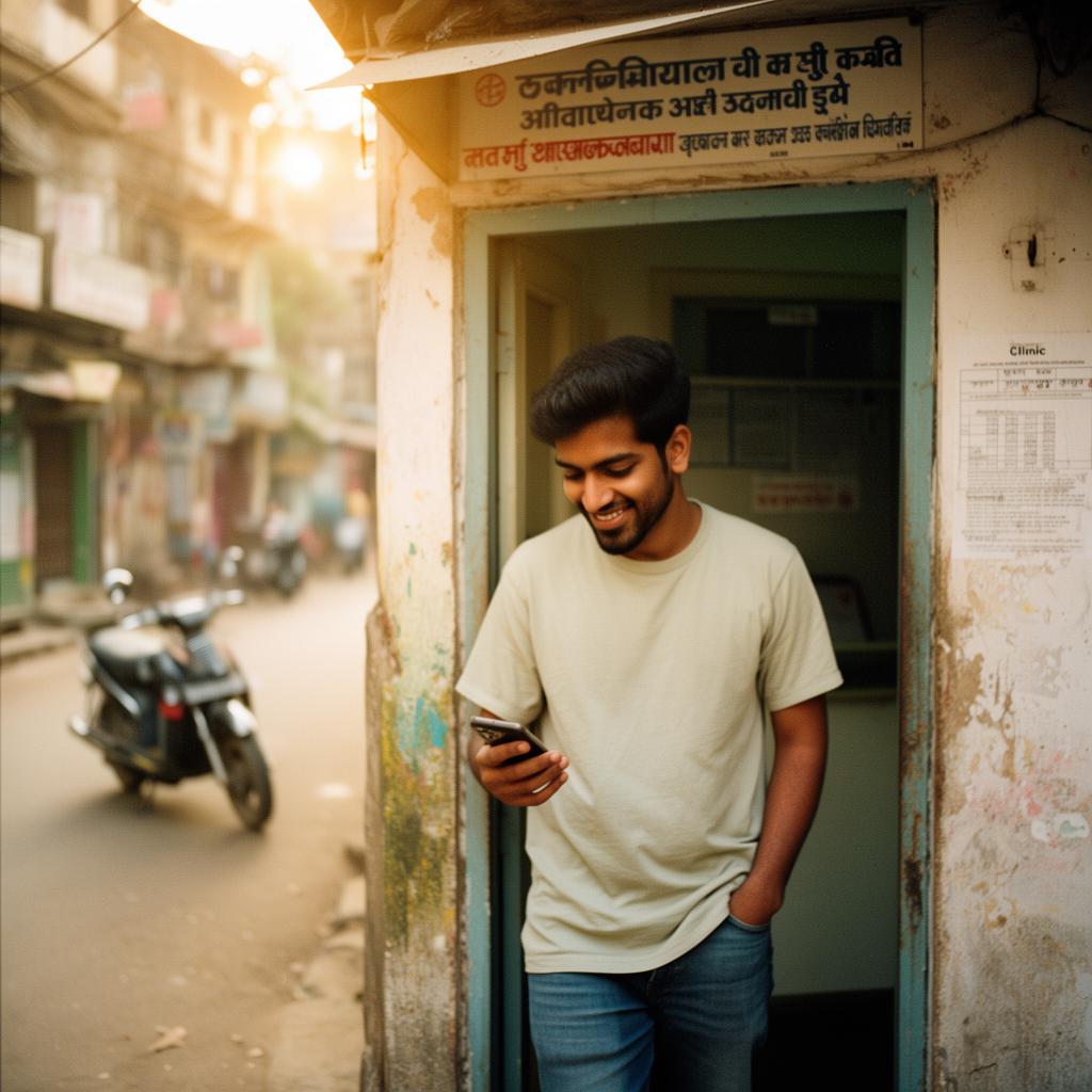 Happy patient stepping out of clinic checking notification