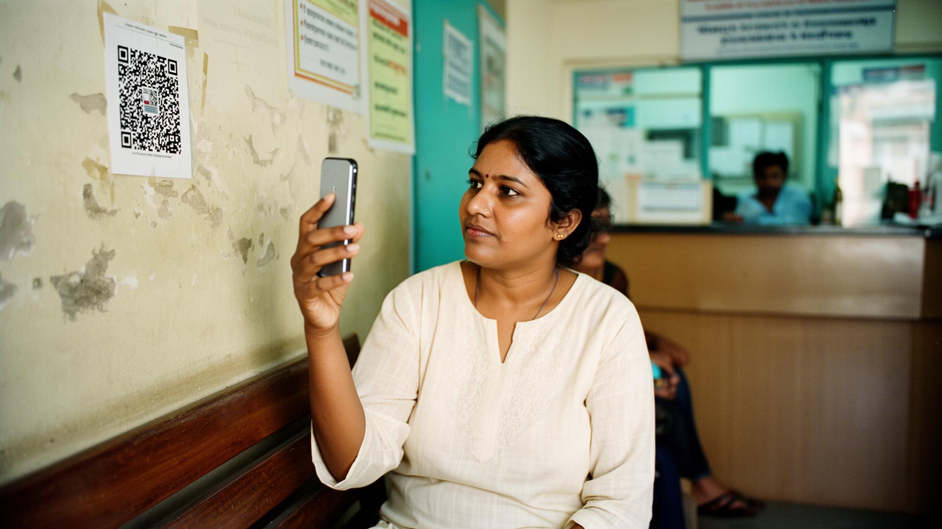Indian patient scanning RaangPass QR code at a clinic entrance